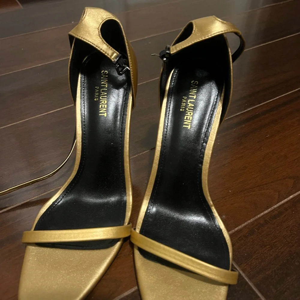 Saint Laurent Gold and Black Opyum Logo-Heel Sandals - Picture 2 of 6